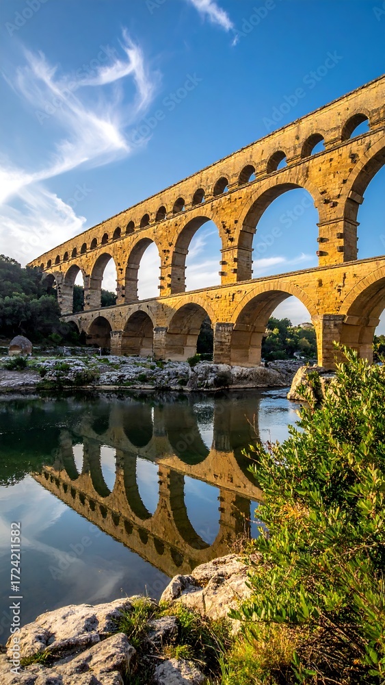 Fototapeta premium Ancient stone aqueduct bridge reflecting in calm water