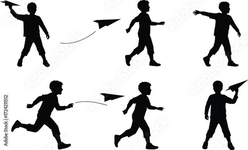 Silhouette of boy playing with paper airplane, child running, throwing paper plane, childhood fun, outdoor play, imagination, creativity concept illustration