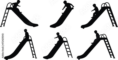 Silhouette of child playing on slide, playground fun, kids activity, outdoor recreation, childhood joy, climbing ladder, sliding motion, park entertainment