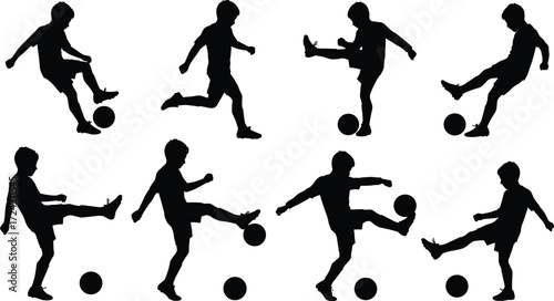 Silhouette of child playing soccer, kicking ball, football training, sports activity, outdoor game, active lifestyle, youth exercise, athletic movement