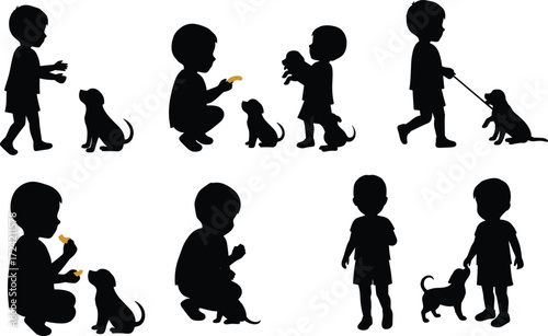 Silhouette of child playing with dog, feeding puppy, walking pet, friendship, love, care, childhood moments, animal companionship, bonding