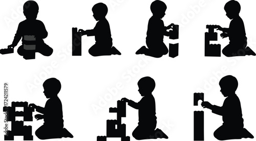 Silhouette of child playing with blocks, kid building tower, toddler learning activity, creativity, childhood education, imagination, early development