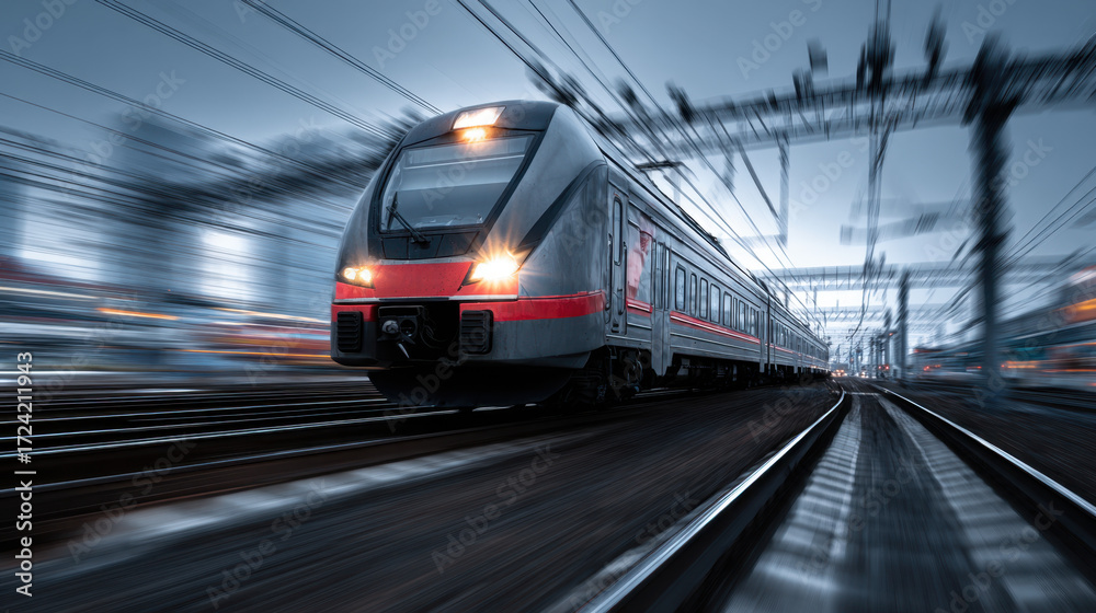 Naklejka premium Fast train moving on railway tracks during twilight with blurred background highlighting speed and motion in a modern urban setting.