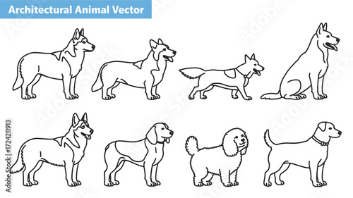 Collection of eight diverse dog breeds depicted in a clean and modern architectural animal vector silhouette style