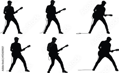 Silhouette of man playing electric guitar, rock musician performing live concert, music artist stage performance, guitarist illustration, rockstar vector design