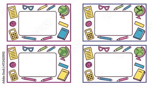 Set of four cartoon school border frames with supplies for kids creative projects learning activities