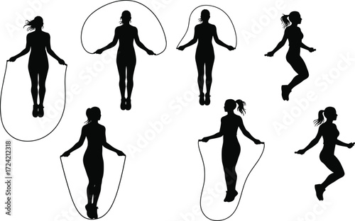 Silhouette of woman jumping rope, female fitness exercise, workout training, healthy lifestyle, cardio sport activity, skipping rope, gym illustration, vector