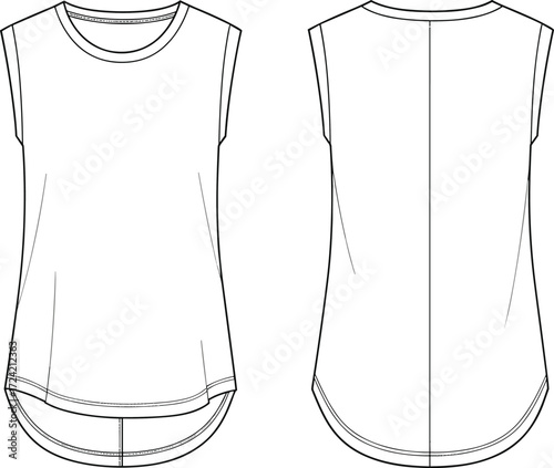 Basic sleeveless top flat sketch, fashion CAD drawing, vector illustration, front and back technical design, round neck apparel template