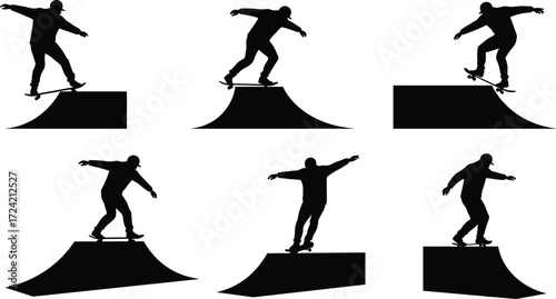 Silhouette skateboarder performing tricks, skateboarding ramp action, extreme sport, freestyle balance, urban lifestyle, youth culture, outdoor recreation, skate park challenge