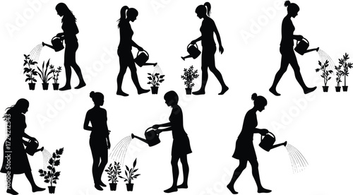 Silhouette of women watering plants, gardening activity, female gardener care, watering can, home garden, plant growth, eco lifestyle, nature care