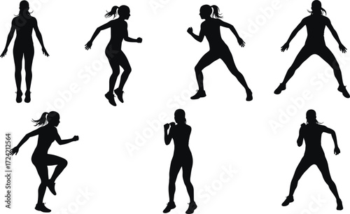 Silhouette woman exercising, workout training, fitness jump, aerobic activity, sports movement, active lifestyle, cardio exercise, gym routine, athletic female illustration