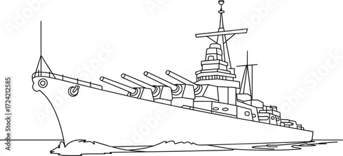 Battleship cruising on ocean, large warship, naval vessel with cannons, military ship, powerful battleship, sea defense, navy fleet, maritime security
