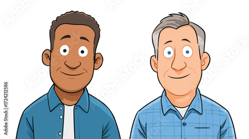 Cartoon of Two Men in Blue Shirts with One Hat - Fun Illustration for Designs