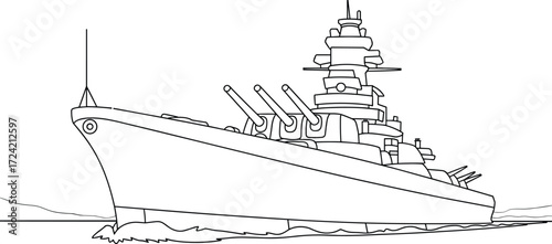 Battleship sailing on ocean, large warship, naval vessel with cannons, military ship, powerful battleship, sea voyage, navy fleet, maritime defense
