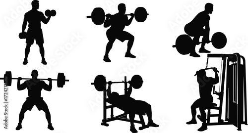Weightlifting gym workout silhouette, bodybuilding training, dumbbell exercise, barbell squat, bench press, fitness strength, powerlifting athlete, gym equipment, muscular man illustration