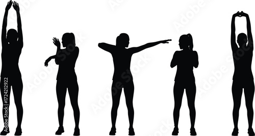 Woman silhouette stretching exercise poses, fitness workout routine, healthy lifestyle, gym warm up, body flexibility training, physical activity, sports preparation