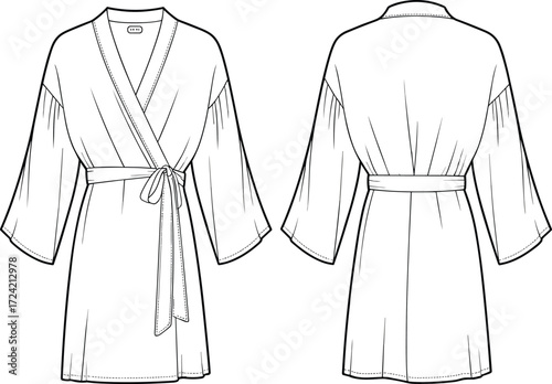 Belted women’s kimono robe with wide sleeves, front and back flat sketch, minimalist fashion design, CAD vector illustration
