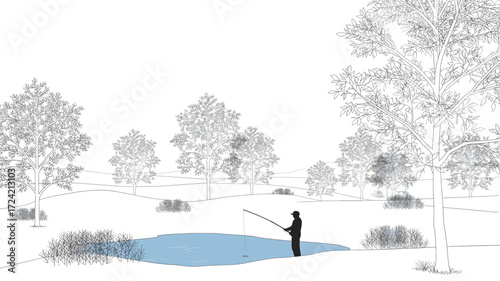 A lone fisherman stands by a tranquil pond casting a line amidst a stark winter landscape with trees and bushes in silhouette
