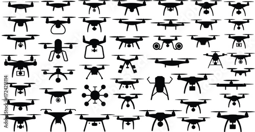 Big collection of drone silhouettes with cameras, quadcopters, flying UAVs for aerial photography, surveillance, delivery, technology, remote control design