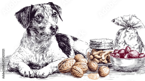 Realistic Dog Drawing with Variety of Food Items including Beans
