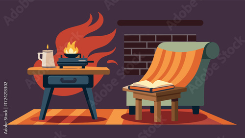 A small table next to the fireplace holds a typewriter inspiring a writer to work on their novel while wrapped in a warm blanket.. Vector illustration