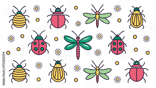 Charming collection of 15 unique cartoon doodle insects including bees and beetles