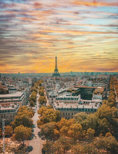 Aerial photograph of Paris, France, taken from the Arc de Triomphe. Paris on a summer afternoon.