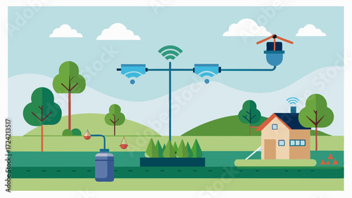 A diagram showing how remotecontrolled irrigation systems can save water by only targeting specific areas of a field that need hydration.. Vector illustration