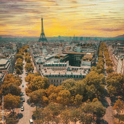Aerial photograph of Paris, France, taken from the Arc de Triomphe. Paris on a summer afternoon.