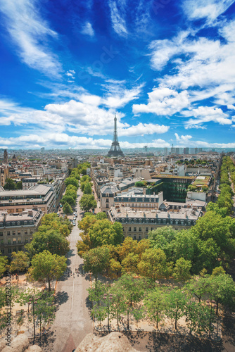 Aerial photograph of Paris, France, taken from the Arc de Triomphe. Paris on a summer afternoon.