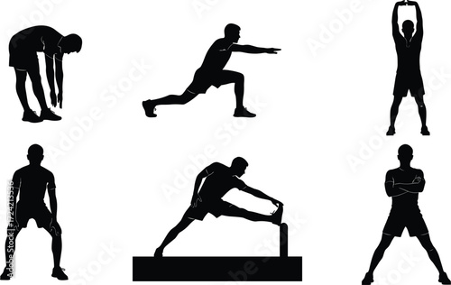 Silhouette fitness man stretching, exercise poses, warm up workout, yoga training, gym body flexibility routine, athlete health, sports stretching illustration