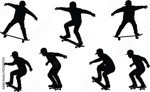Silhouette man skateboarding with cap, performing tricks, urban extreme sport, lifestyle action, balance movement, outdoor street culture, active young skater