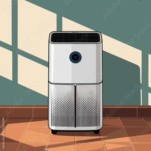 Air purifier standing on tiled floor in modern interior  