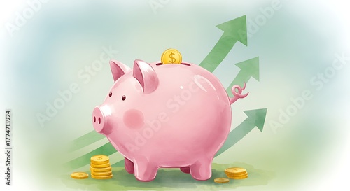 Pink piggy bank with gold coin and green up arrows. Financial growth concept. Savings and investment increase.