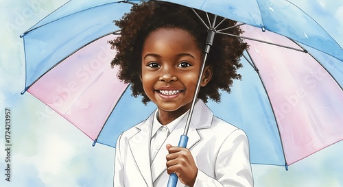 African American kid with curly hair smiling under a colorful umbrella. Happy childhood concept. Bright illustration for children book.