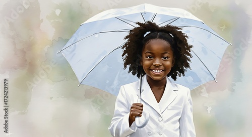 Little black girl with umbrella. Cheerful child wearing white coat. Happy kid under umbrella concept.