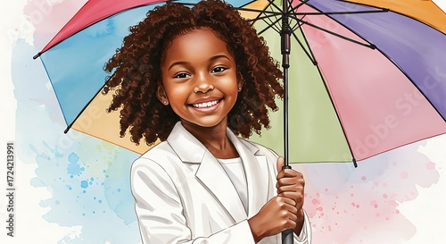 Little african american girl holds a vibrant umbrella, smiling directly at the camera. Protection and joy concept. For child safety.