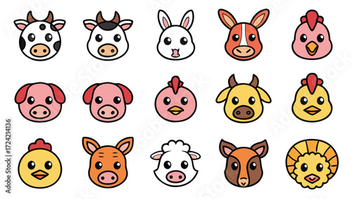 Cute farm animal faces cartoon doodle collection for childrens designs livestock icons