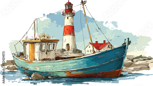 Serene Seascape Painting with Boat and Lighthouse | Maritime Artwork