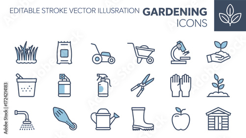 Collection of gardening icons in a clean line art silhouette style representing various tools and elements of horticulture and plant care silhouette