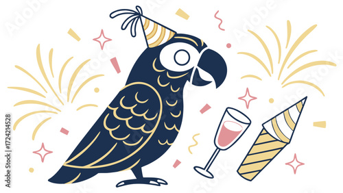 Cute Mischievous Parrot, accessorized with wearing glasses, in a New Year celebration world – Midnight Sparkle palette vector