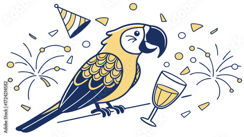 Midnight Sparkle themed SVG: Curious Parrot with wrapped in fairy lights in a New Year celebration environment
