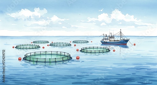 Fishing boat with aquaculture cages on the sea. Fish farm with nets for seafood production. Ocean industry technology.