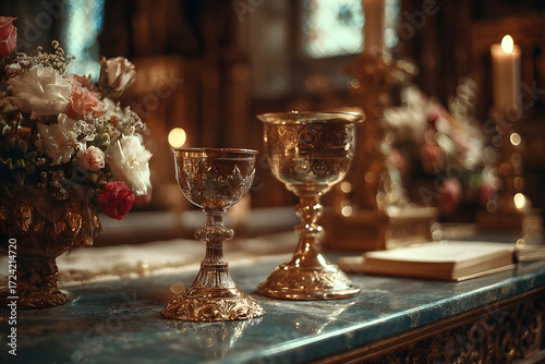 pisside and chalice contain wine and hosts on the altar of the mass