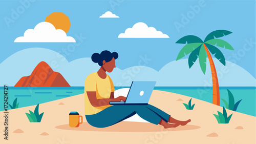 A writer sitting on a beach enjoying the sun and using a hotspot device to continue working on their next novel.. Vector illustration