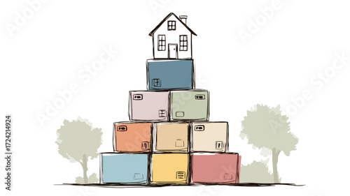 House on Top of Stacked Boxes Vector Illustration for Sale