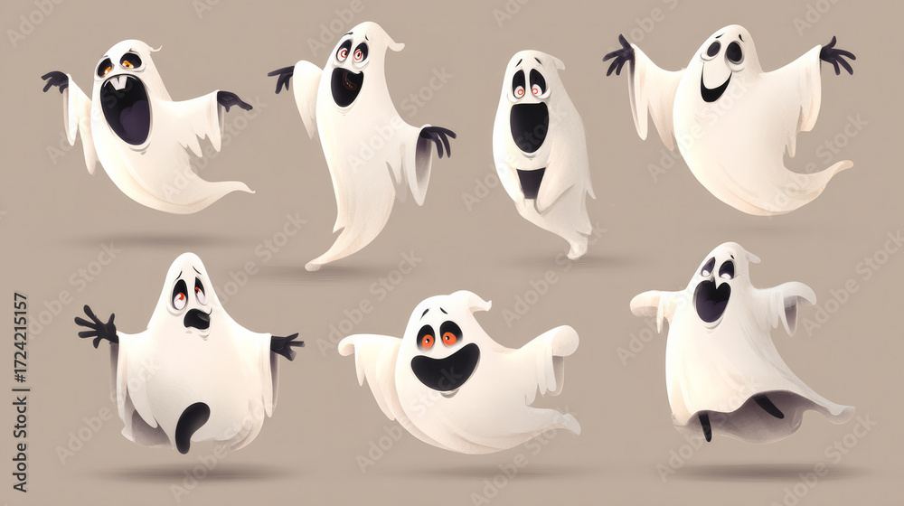 Fototapeta premium A collection of eerie spectral figures in various aerial positions. Illustration of a vector cartoon