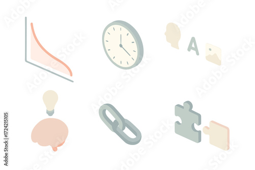 Forgetting Curve Icons. Isometric vector illustration set Forgetting Curve Concept: downward slope chart, clock passing time,