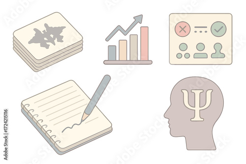 Research Tools Icons. Isometric vector illustration set Research and Experiment: stack of inkblot cards, lab notebook, pen writing