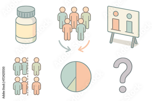 Clinical Trial Illustration. Isometric vector illustration set Clinical Trial Placebo Control: pill bottle with label, group of